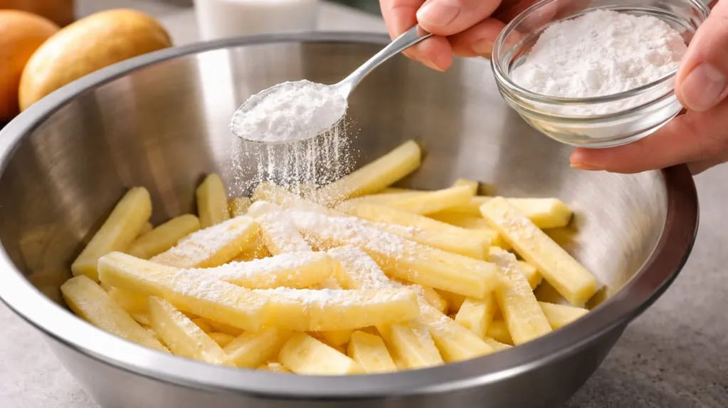 Why cooks recommend dusting potatoes with corn starch before frying